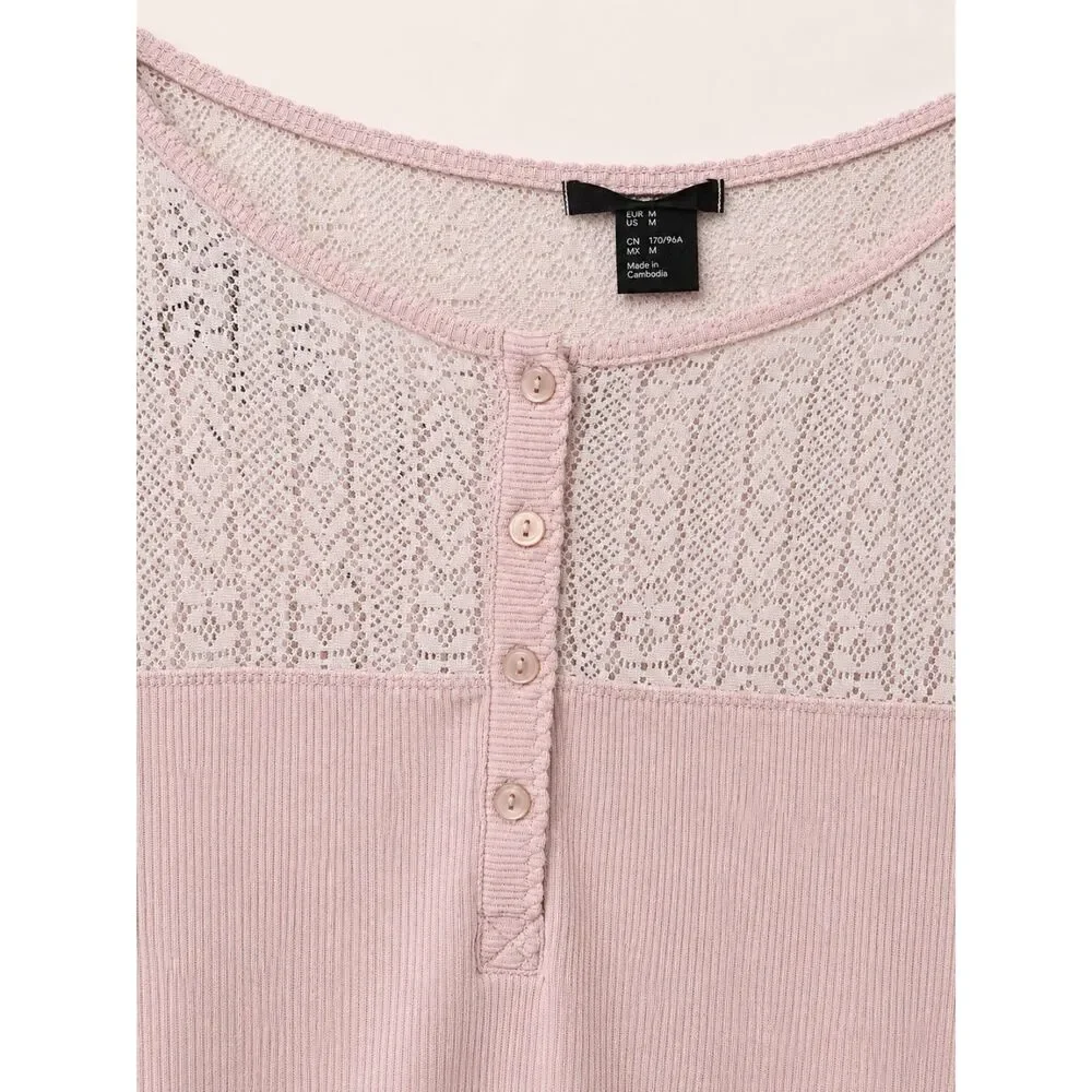 H&M Women Size M Soft Blush Pink Lace Yoke Henley Top Romantic Coquette Pullover